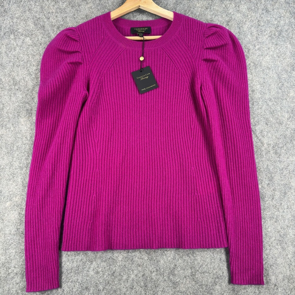 Charter Club Cashmere Sweater Womens Small Pink 100% Crewneck Puff Sleeve Ribbed